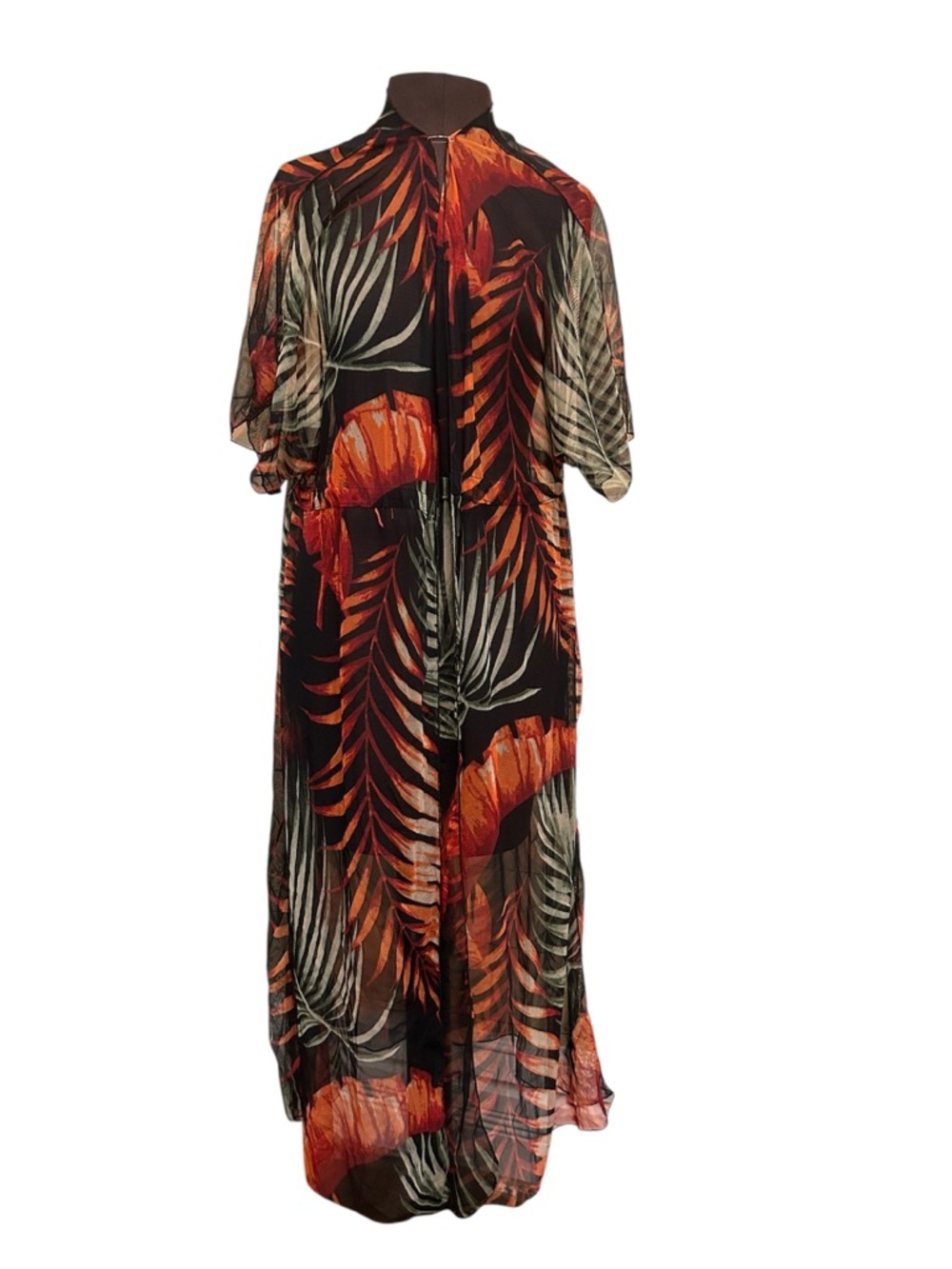 Tropical Leaf Print Maxi Sheer Beach Cover Up - Black & Orange Floral